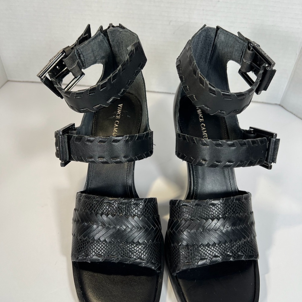 Vince Camuto Suraylin Black Leather Buckle Block Heel Sandals 8.5 Gladiator - Picture 2 of 14